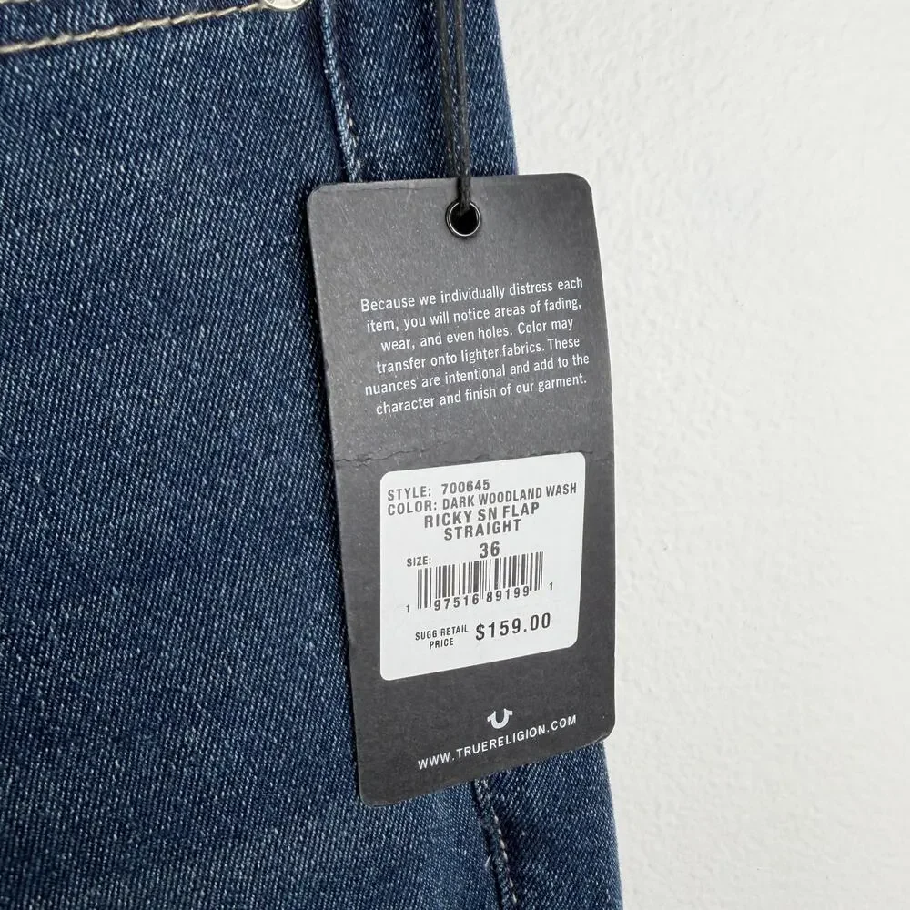 True Religion Ricky SN Flap Straight Relaxed Jean Dark Woodland Wash Men's 36x35